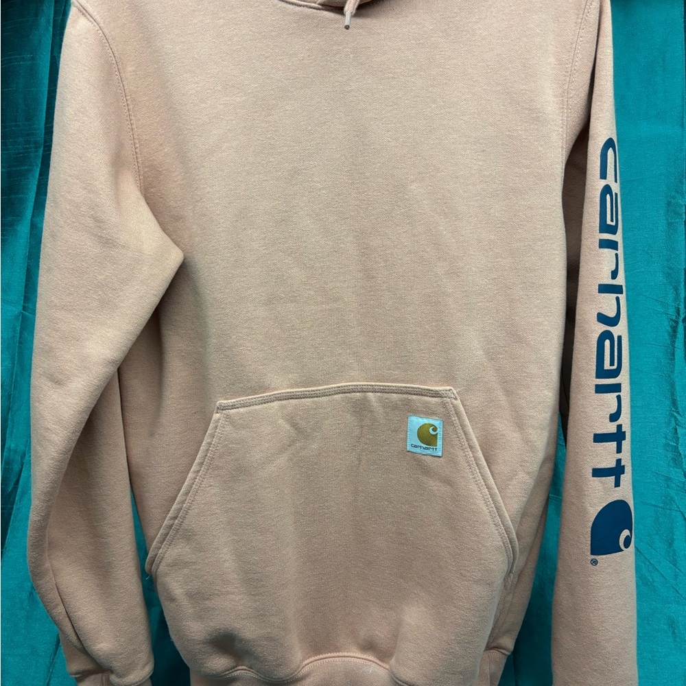 Carhartt Women's orange Hoodie with Blue Sleeve Logo